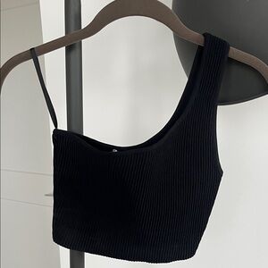 Babaton Black One-Shoulder Ribbed Top (Size XS)